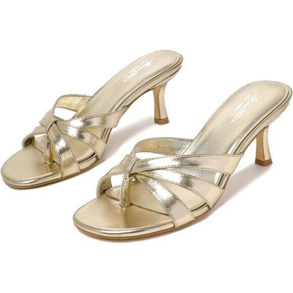 Women Strappy Kitten Gold Heels Open Toe Mules Thong Sandal for Party Wedding - Picture 3 of 9